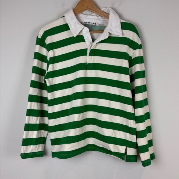 Anthropologie GREY LAB Green and White Striped Polo Shirt Size Medium - Picture 2 of 7